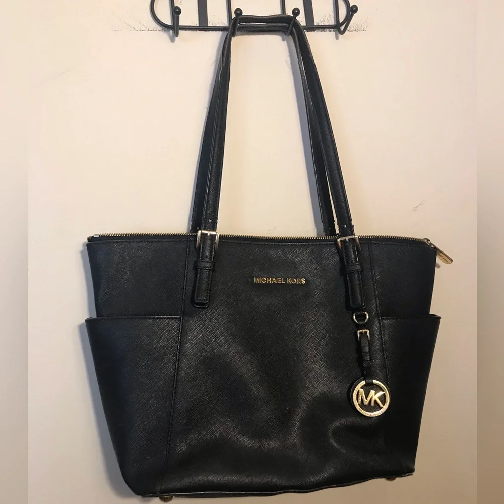 Michael Kors Black Leather Tote Bag with MK Charm Flawed - Picture 1 of 8